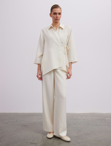 BGN WORKSHOP - Asimetrik Bağlama Detaylı Viskon Keten Gömlek