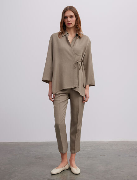 BGN WORKSHOP - Asimetrik Bağlama Detaylı Viskon Keten Gömlek