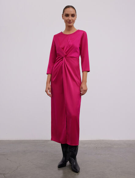 BGN WORKSHOP - BELDE DUGUM DETAYLI YIRTMACLI UZUN SATEN ELBISE