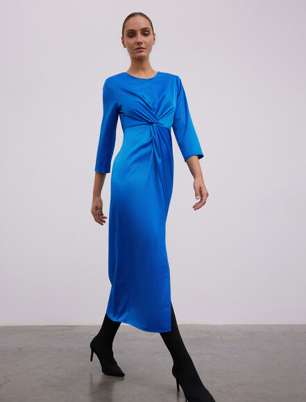 BGN WORKSHOP - BELDE DUGUM DETAYLI YIRTMACLI UZUN SATEN ELBISE