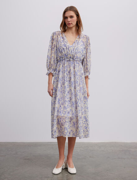 BGN WORKSHOP - Beli Fırfırlı Baskılı Şifon Elbise