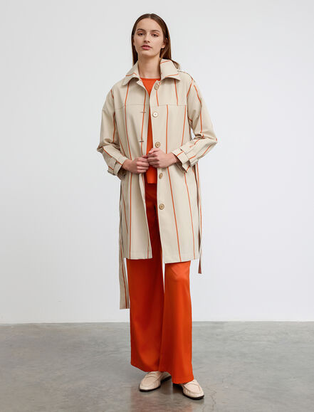 BGN WORKSHOP - Çizgi Baskılı Kuşaklı Pamuk Karışımlı Trençkot