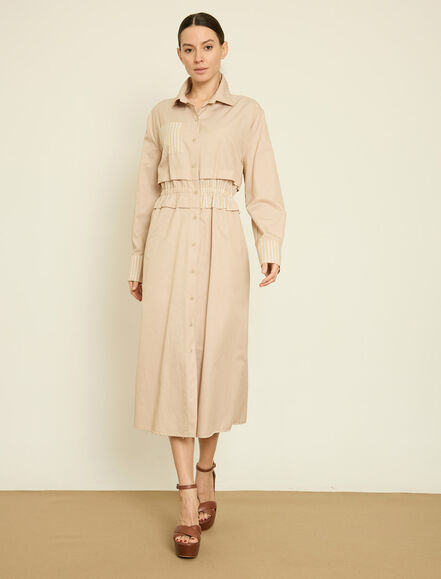 BGN WORKSHOP - CIZGI KOMBINLI PAMUK KARISIM MIDI GOMLEK ELBISE