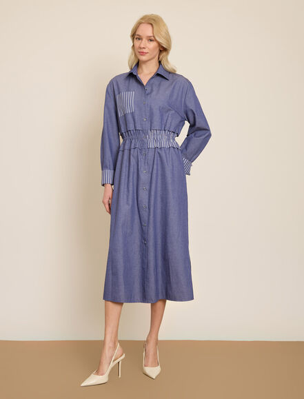 BGN WORKSHOP - CIZGI KOMBINLI PAMUK KARISIM MIDI GOMLEK ELBISE