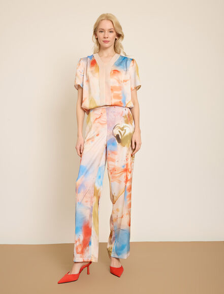 BGN WORKSHOP - COK RENKLI BASKILI GENIS PACA SATEN PANTOLON