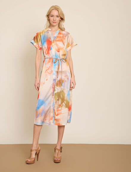 BGN WORKSHOP - COK RENKLI BASKILI MIDI SATEN ELBISE