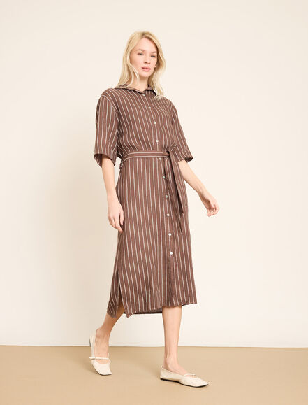BGN WORKSHOP - Dikey Çizgili ve Kemerli Keten Gömlek Elbise