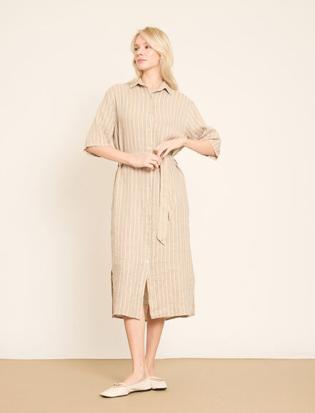 BGN WORKSHOP - Dikey Çizgili ve Kemerli Keten Gömlek Elbise