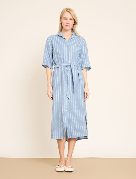 BGN WORKSHOP - Dikey Çizgili ve Kemerli Keten Gömlek Elbise