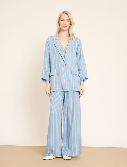 BGN WORKSHOP - Düğmeli ve Ön Cepli Çizgili Keten Blazer