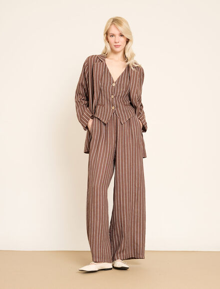 BGN WORKSHOP - Geniş Paça Lastikli Bel Detaylı Çizgili Keten Pant