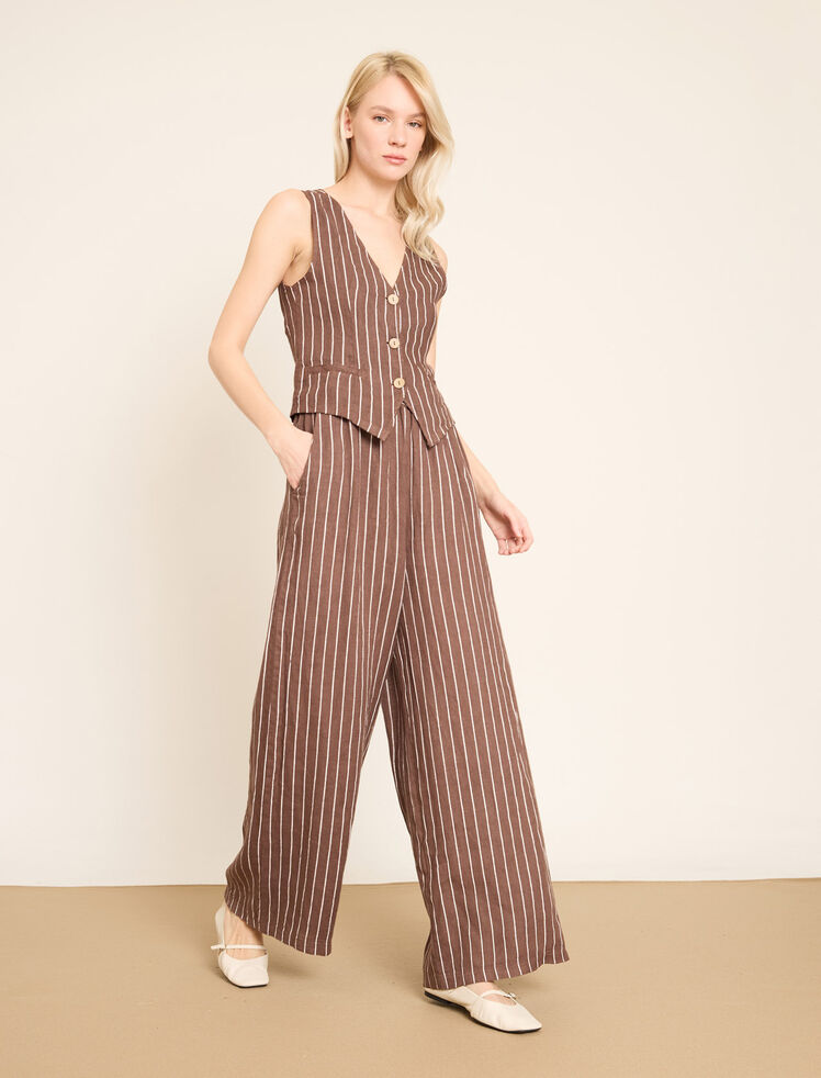 Geniş Paça Lastikli Bel Detaylı Çizgili Keten Pant · 5