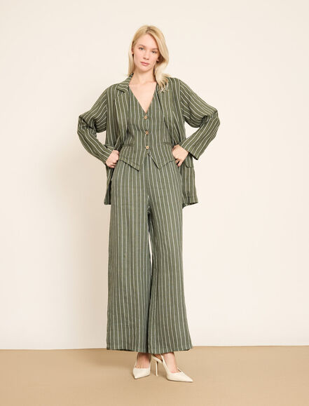 BGN WORKSHOP - Geniş Paça Lastikli Bel Detaylı Çizgili Keten Pant