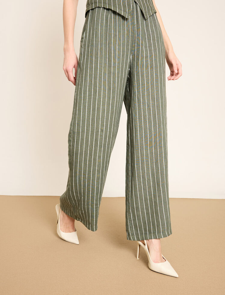 Geniş Paça Lastikli Bel Detaylı Çizgili Keten Pant · 5