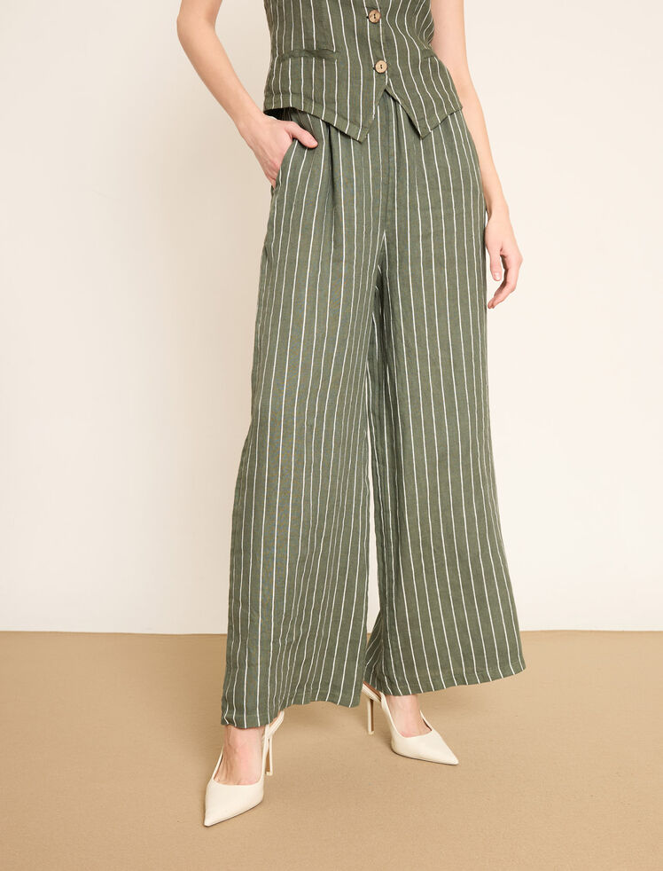 Geniş Paça Lastikli Bel Detaylı Çizgili Keten Pant · 6