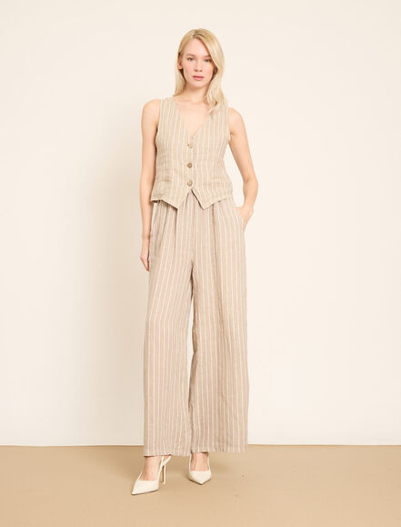 BGN WORKSHOP - Geniş Paça Lastikli Bel Detaylı Çizgili Keten Pant