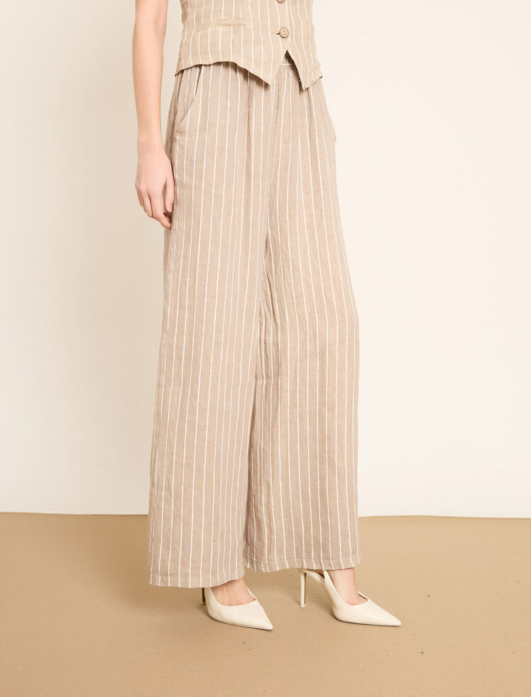 Geniş Paça Lastikli Bel Detaylı Çizgili Keten Pant · 5