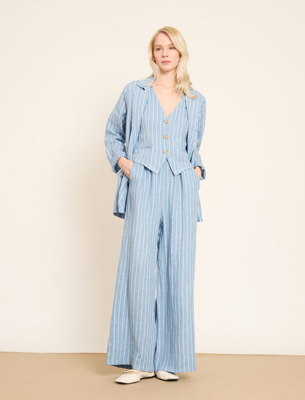 BGN WORKSHOP - Geniş Paça Lastikli Bel Detaylı Çizgili Keten Pant