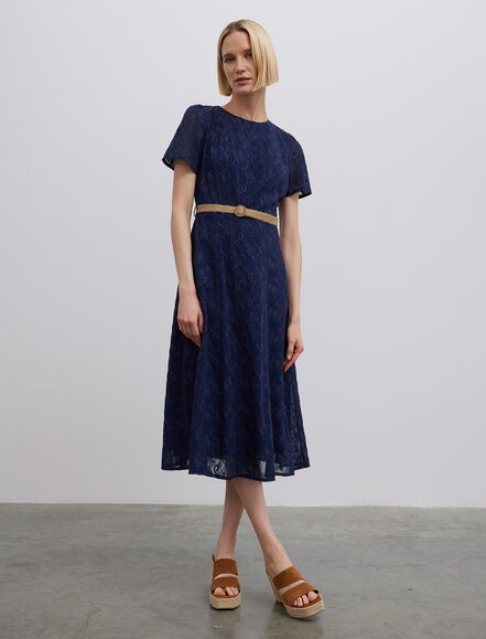 BGN WORKSHOP - Hasır Kemerli Brode Nakışlı Midi Boy Elbise