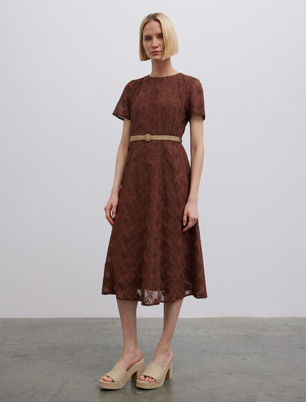 BGN WORKSHOP - Hasır Kemerli Brode Nakışlı Midi Boy Elbise