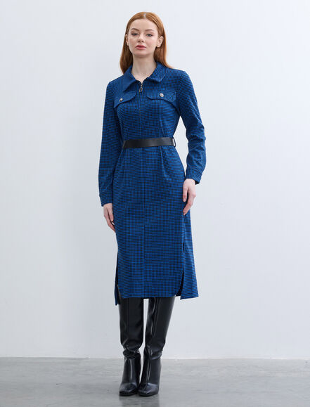 BGN WORKSHOP - KAZAYAGI DESEN CEP DETAYLI YAKASI FERMUARLI ELBISE