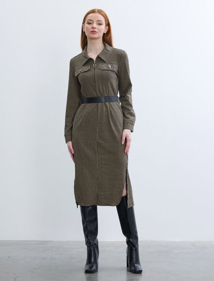 BGN WORKSHOP - KAZAYAGI DESEN CEP DETAYLI YAKASI FERMUARLI ELBISE