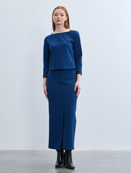 BGN WORKSHOP - KAZAYAGI DESENLI DERI GARNILI YIRTMACLI MIDI ETEK