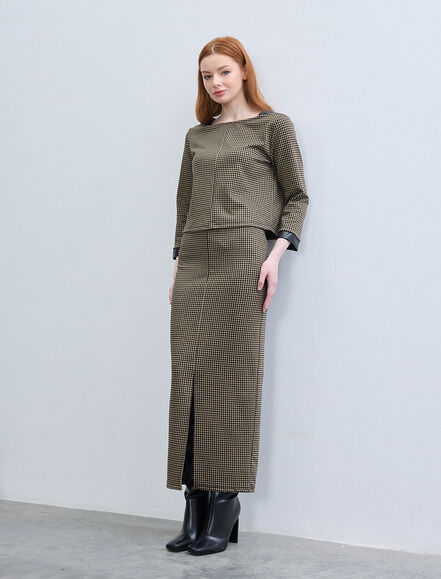 BGN WORKSHOP - KAZAYAGI DESENLI DERI GARNILI YIRTMACLI MIDI ETEK