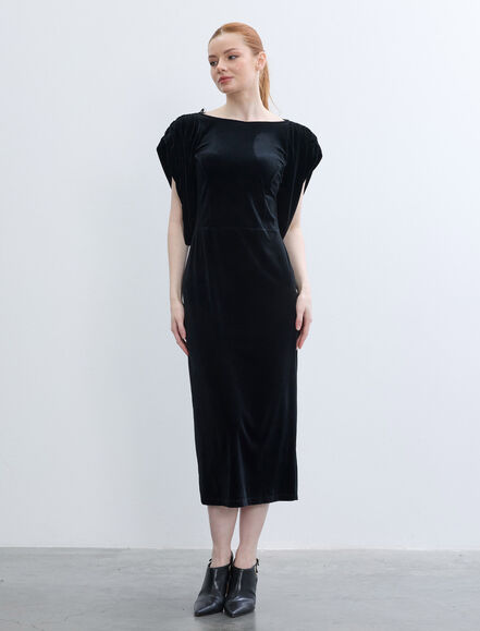 BGN WORKSHOP - KOL DETAYLI MIDI BOY KADIFE KALEM ELBISE