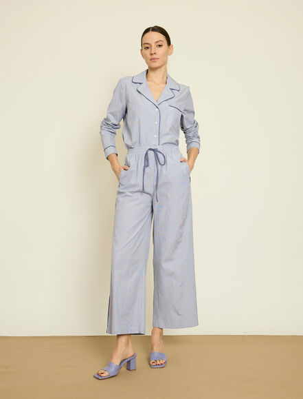 BGN WORKSHOP - KONTRAST BIYELI GENIS PACA CIZGILI POPLIN PANTOLON