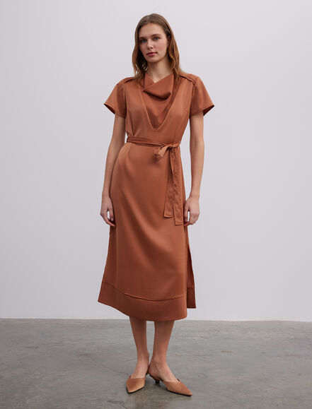 BGN WORKSHOP - Kuşaklı Kısa Kol Saten Midi Boy Elbise