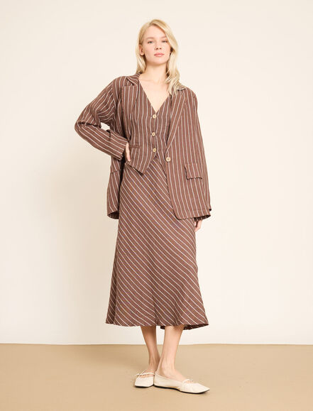 BGN WORKSHOP - Lastikli Bel Detaylı Çizgili Midi Keten Etek