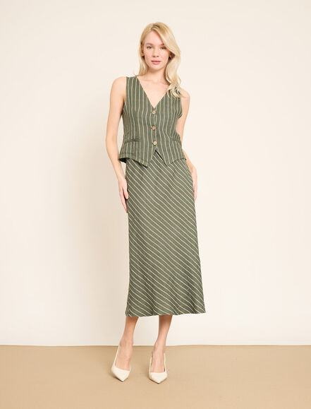 BGN WORKSHOP - Lastikli Bel Detaylı Çizgili Midi Keten Etek