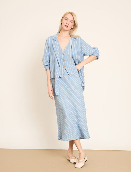 BGN WORKSHOP - Lastikli Bel Detaylı Çizgili Midi Keten Etek