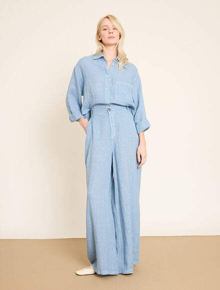 BGN WORKSHOP - Lastikli Bel Detaylı Geniş Paça Keten Pantolon