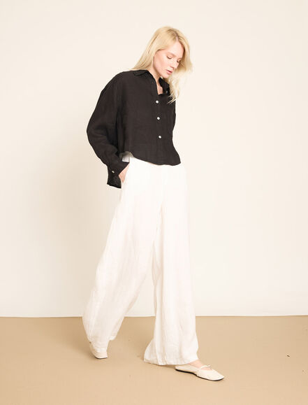 BGN WORKSHOP - Lastikli Bel Detaylı Geniş Paça Keten Pantolon