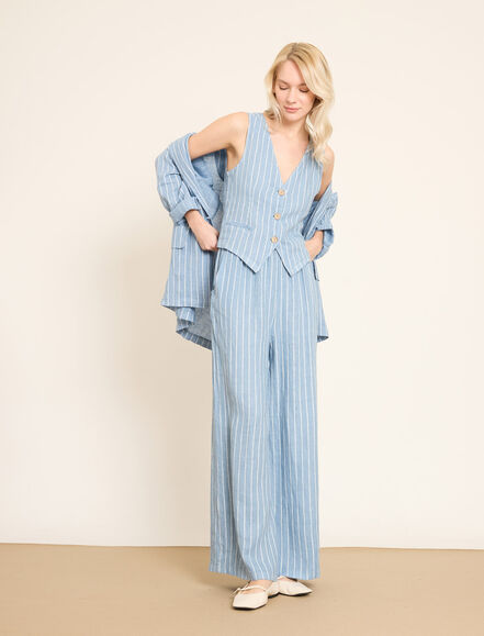 BGN WORKSHOP - Ön Düğmeli Çizgili Keten Yelek