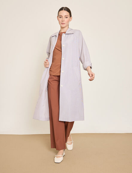 BGN WORKSHOP - ONDEN DUGMELI UZUN CIZGILI POPLIN TRENCKOT