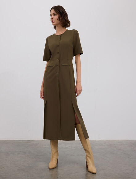 BGN WORKSHOP - ÖNÜ DUGMELI-YIRTMACLI UZUN ELBISE