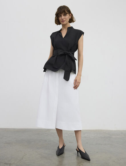 BGN WORKSHOP - PAMUK KARISIM SUS DIKISLI KEMERLI KOLSUZ BLUZ