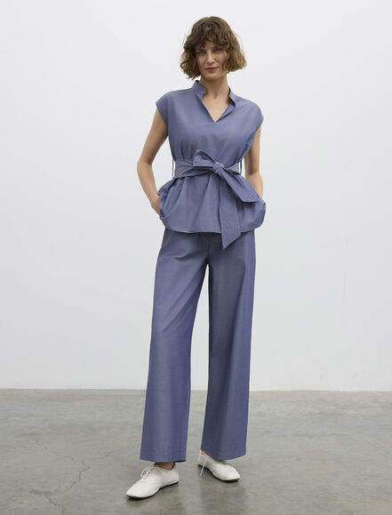 BGN WORKSHOP - PAMUK KARISIM SUS DIKISLI KEMERLI KOLSUZ BLUZ