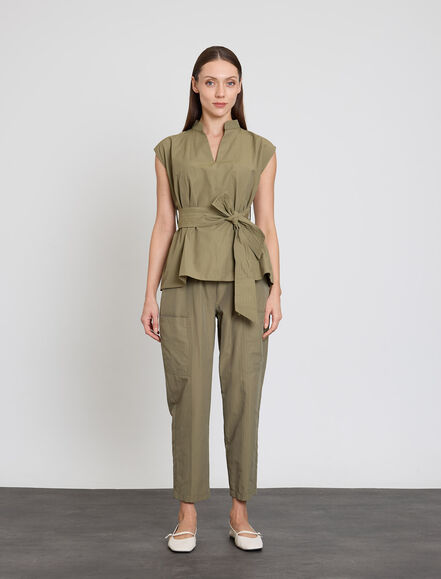 BGN WORKSHOP - PAMUK KARISIM SUS DIKISLI KEMERLI KOLSUZ BLUZ