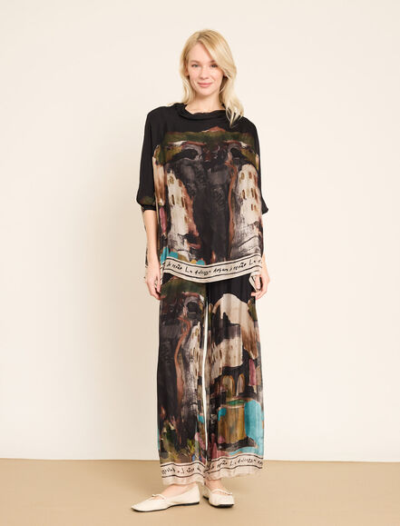 BGN WORKSHOP - Sanatsal Desenli Geniş Paça Lastikli İpek Pantolon