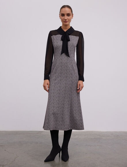 BGN WORKSHOP - SIFON GARNILI YAKA DETAYLI DESENLI MIDI ELBISE