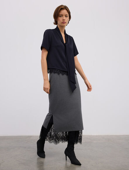 BGN WORKSHOP - VISKON KARISIM DANTEL DETAYLI MIDI ETEK