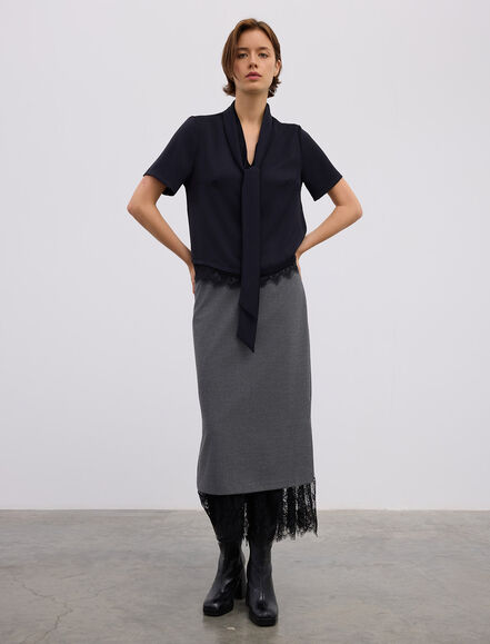 BGN WORKSHOP - YAKASI BAGLAMALI DANTEL DETAYLI SATEN BLUZ