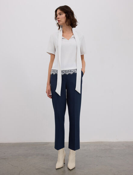 BGN WORKSHOP - YAKASI BAGLAMALI DANTEL DETAYLI SATEN BLUZ