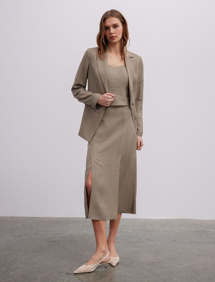 BGN WORKSHOP - Yırtmaçlı Viskon Keten Midi Boy Etek