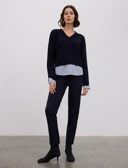 BGN WORKSHOP - YUN KARISIM CIZGILI POPLIN GARNILI V YAKA KAZAK