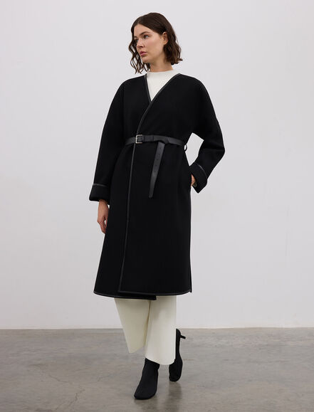 BGN WORKSHOP - YUN KARISIMLI DERI BIYE DETAYLI DERI KEMERLI KABAN